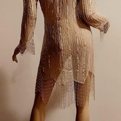 Vtg 70s Layering Silk Embellished  Jack Bryan Fringed dress