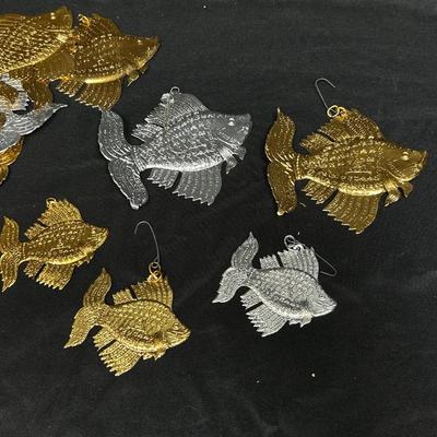 Mixed Lot of Silver and Gold Stamped Embossed Thin Metal Fish Hanging Ornaments Thailand