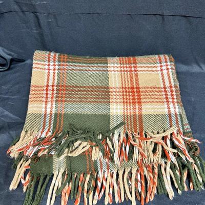 Vintage Faribo Orange and Green Plaid Wool Fringed Lap Throw Blanket
