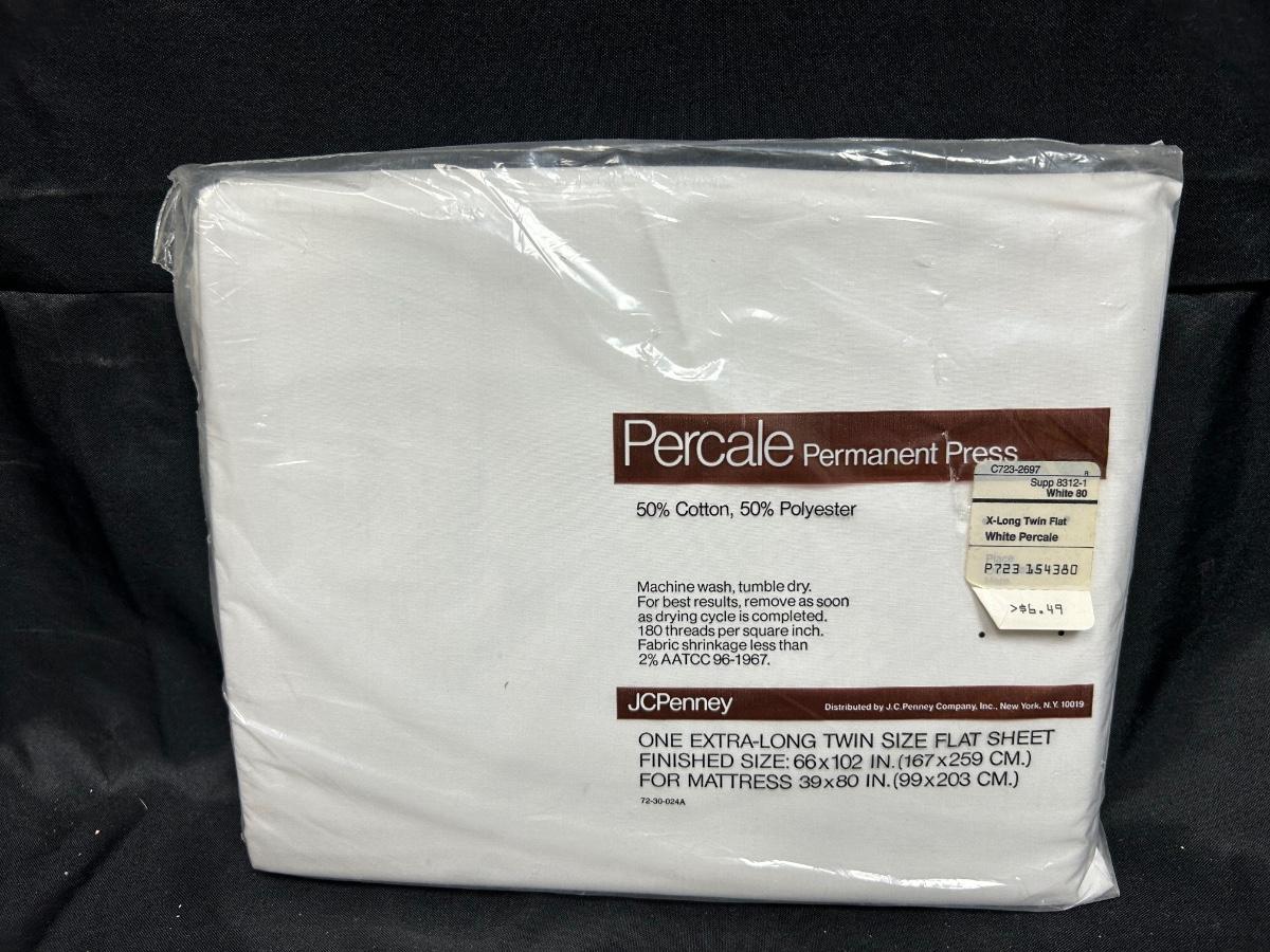 Retro PERCALE Permanent Press 50/50 Blend White XL Twin Flat Sheet NEW in Package