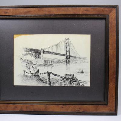 Vintage Framed Art Sketch The Golden Gate Bridge San Francisco