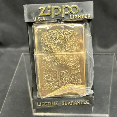 New Unfired Never Used Gold Plated Tone Zippo Lighter Double Sided Etched Camel Cigarettes in Case