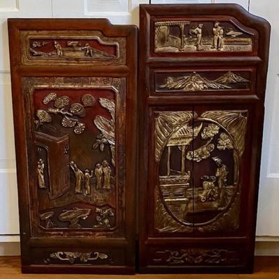Two Asian Carved Wood Panels