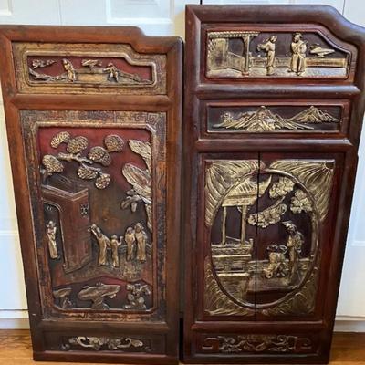 Two Asian Carved Wood Panels