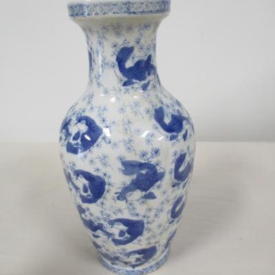 Chinese Blue & White Vase With Koi Fish