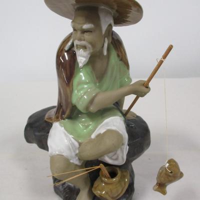 Vintage Chinese Mud Man Fisherman Figurine