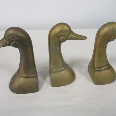 Set of Three Vintage Leonard Solid Brass Duck Head Bookends