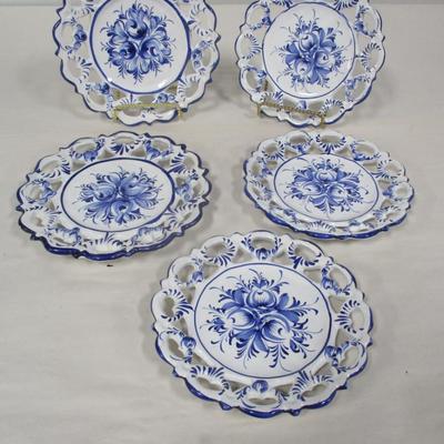 Set of Five Decorative Hand Painted Portuguese Blue & White Wall Plates