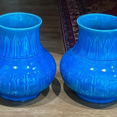 Two Blue Antique Vases By French Potter Theodore Deck