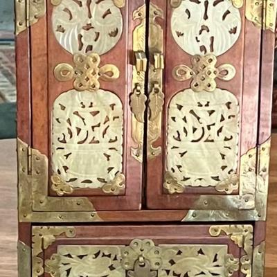 Vintage Asian Jewelry Box With Brass Accents And Bowenite Inlay
