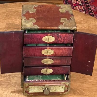 Vintage Asian Jewelry Box With Brass Accents And Bowenite Inlay