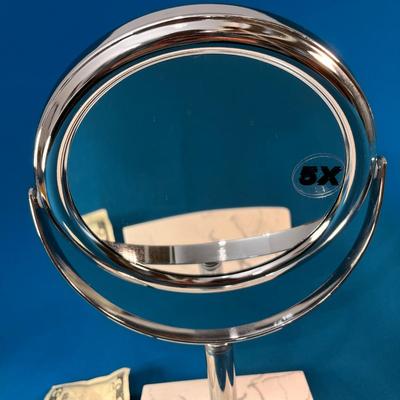 FAUX MARBLE BASE CHROME 2 SIDED MIRROR ONE SIDE 5X MAGNIFICATION