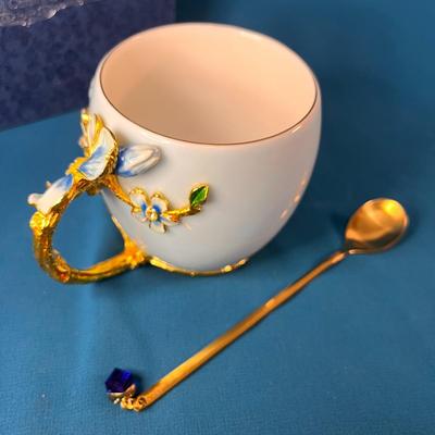 FANCY ENAMELED, JEWELED TEA CUP AND SPOON IN SATIN LINED BOX