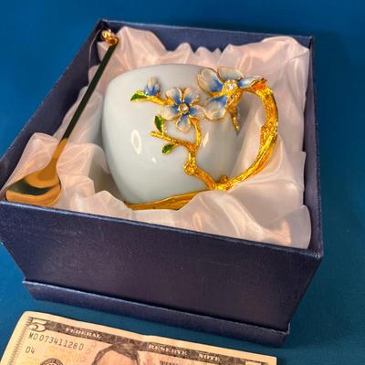 FANCY ENAMELED, JEWELED TEA CUP AND SPOON IN SATIN LINED BOX