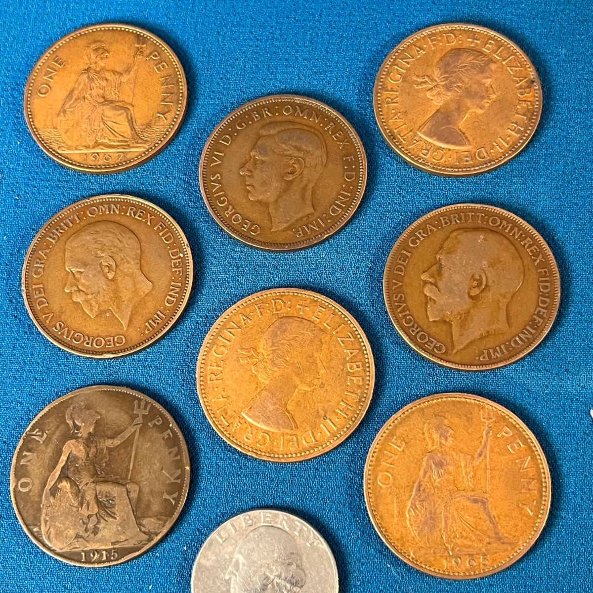 8-COUNT BRITISH PENNIES 4 QUEEN ELIZABETH, 4 KING GEORGE V ...