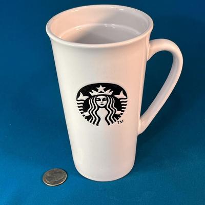 BLACK & WHITE TALL CERAMIC STARBUCKS COFFEE MUG EMBOSSED LOGO