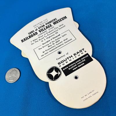 GOLDEN SPIKE SONS OF UTAH PIONEERS RAILROAD VILLAGE MUSEUM ADVERTISING FAN