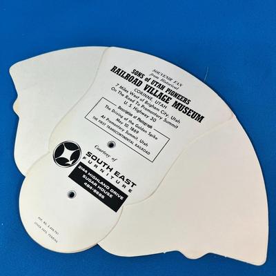 GOLDEN SPIKE SONS OF UTAH PIONEERS RAILROAD VILLAGE MUSEUM ADVERTISING FAN