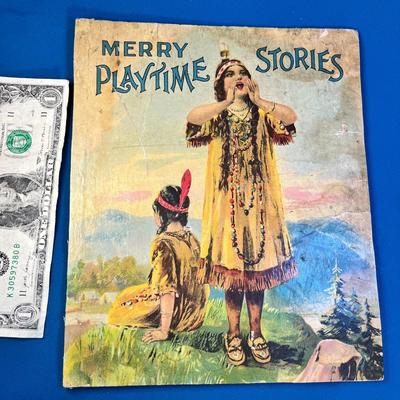 ANTIQUE â€œMERRY PLAYTIME STORIESâ€ CHILDRENâ€™S BOOK COVER GREAT ILLUSTRATION