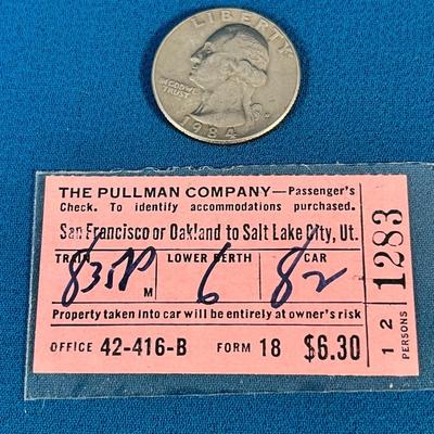 1941 PULLMAN COMPANY TRAIN TICKET SAN FRANCISCO TO SALT LAKE CITY SO. PAC. LINES
