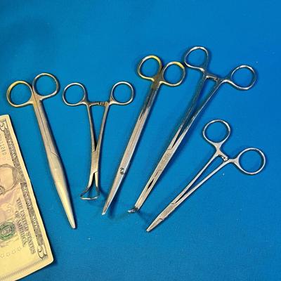 5 ASSORTED MEDICAL SCISSORS AND CLAMPS- â€œDIAMOND EDGESâ€ SCISSORS 
