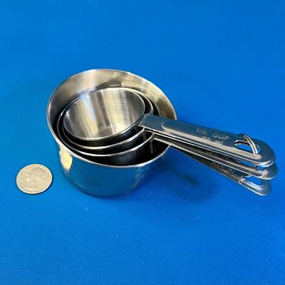 METAL 4-PIECE MEASURING CUP SET WITH METRIC AND LESSER AMOUNTS ON SIDES