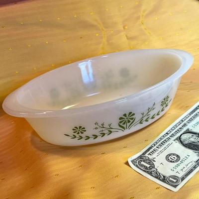 VINTAGE GLASBAKE OVAL MILK GLASS GREEN FLORAL PATTERN CASSEROLE DISH