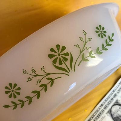 VINTAGE GLASBAKE OVAL MILK GLASS GREEN FLORAL PATTERN CASSEROLE DISH