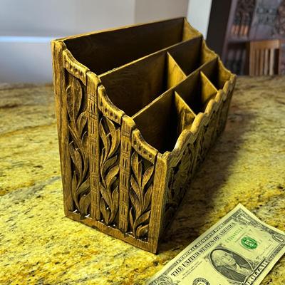 VINTAGE FAUX WOOD CARVED DESK TOP ORGANIZER BOX 6 SECTIONS 