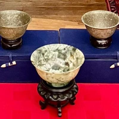 Five Vintage Chinese Carved Serpentine Bowls With Stands And Boxes