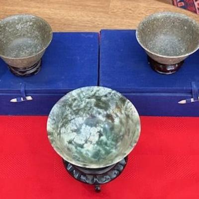 Five Vintage Chinese Carved Serpentine Bowls With Stands And Boxes