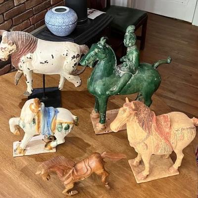 Lot Of Five Vintage Ceramic And Wooden Decorative Horses