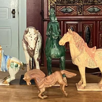 Lot Of Five Vintage Ceramic And Wooden Decorative Horses