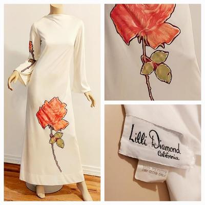 Vtg 1970s Lilli Diamond  maxi jersey dress with Rose Applique