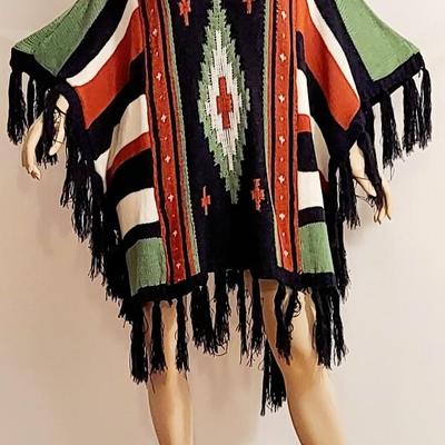 Vtg 70s Striped  Aztec wool content Poncho with wood Buttons