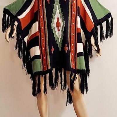 Vtg 70s Striped  Aztec wool content Poncho with wood Buttons