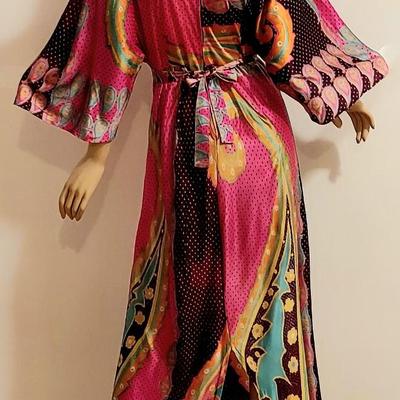 Vtg 60-70s  Boho Chic Trapeze Maxi Bold printed Design with Sash Belt