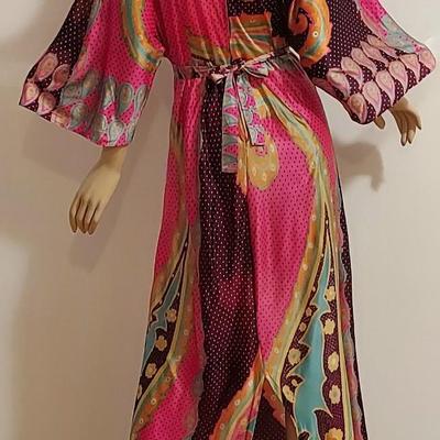 Vtg 60-70s  Boho Chic Trapeze Maxi Bold printed Design with Sash Belt