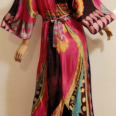 Vtg 60-70s  Boho Chic Trapeze Maxi Bold printed Design with Sash Belt