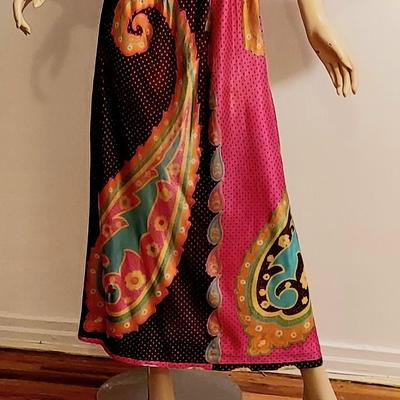 Vtg 60-70s  Boho Chic Trapeze Maxi Bold printed Design with Sash Belt