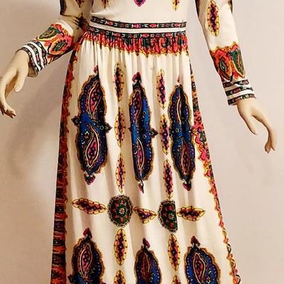 Vtg 1970s Signed Maurice Maxi dress printed /Sequined