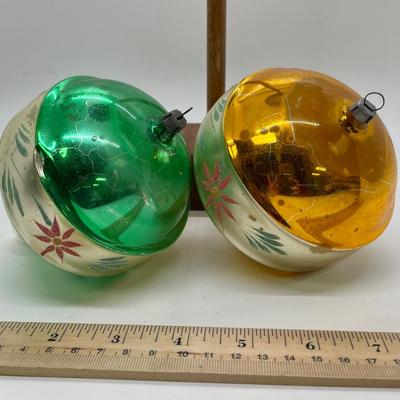 2 Antique Christmas Ornaments Mercury Glass Finial Green and Gold Poinsettia Flower Stripe