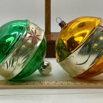 2 Antique Christmas Ornaments Mercury Glass Finial Green and Gold Poinsettia Flower Stripe