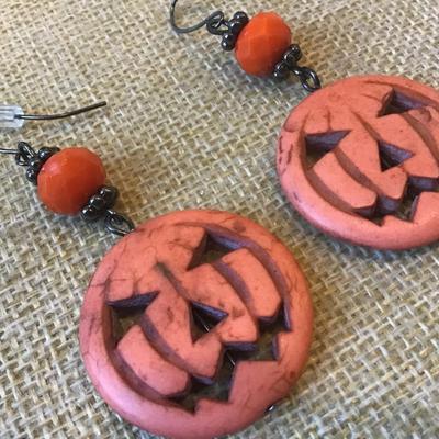 Carved Stone Jack O Lantern Pumpkin Earrings
