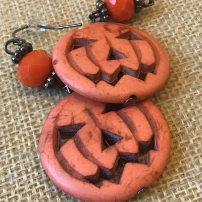 Carved Stone Jack O Lantern Pumpkin Earrings