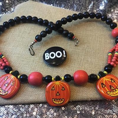 Halloween Pumpkin Necklace Earrings Beaded Wooden Vintage Hand Painted  And Boo pin