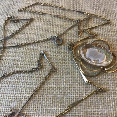 Vintage Double Chain Glass Cameo Intaglio Gold Tone Necklace