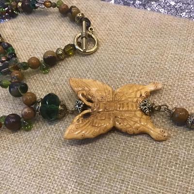 Large Boho Glass And Butterfly Necklace