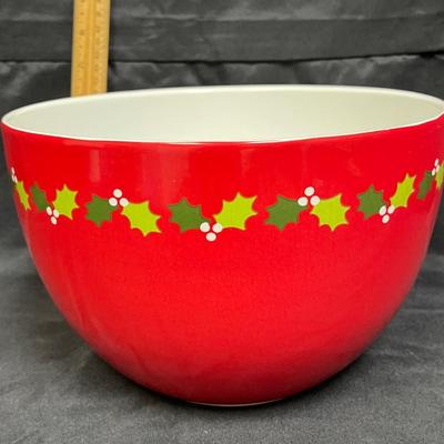 Crate and Barrel Large Red with Holly Pattern Mixing Bowl