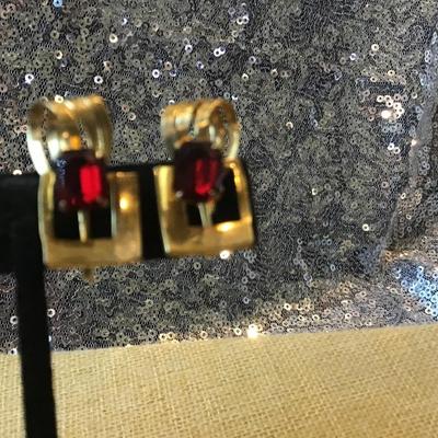 Vintage Ruby Color Gold Tone Earrings